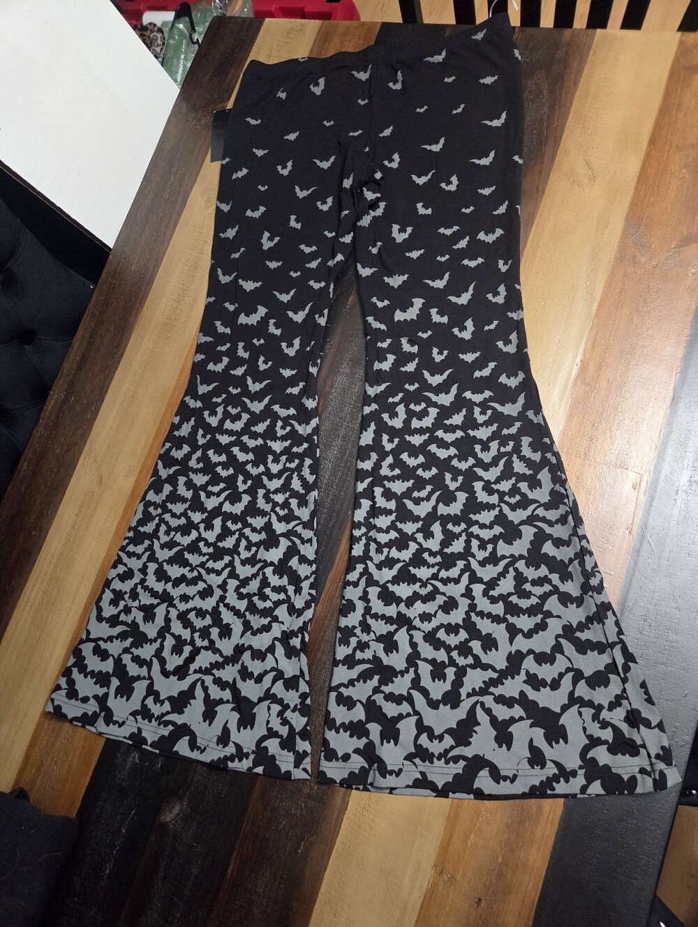 Black & Gray Bat Print Flared Pants - Picture 3 of 5
